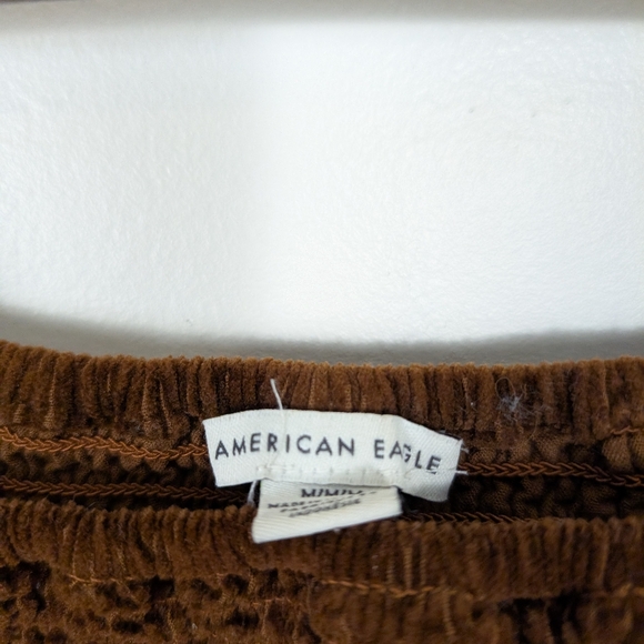 American Eagle Burnt Brown Corduroy Smocked Cropped Puff Sleeves Blouse - Picture 4 of 8